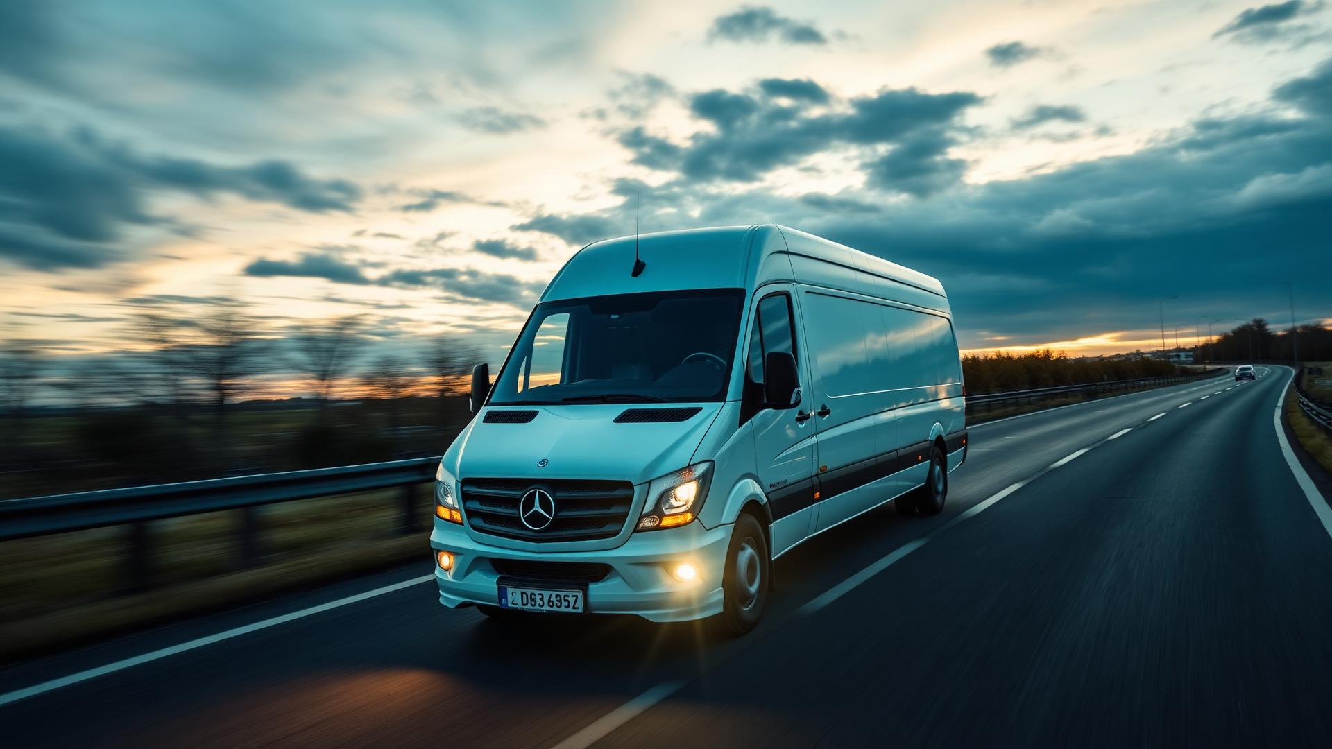 Silberner Kahloon Transport Sprinter auf europäischer Autobahn bei Sonnenuntergang – europaweiter Kurier- und Expressdienst